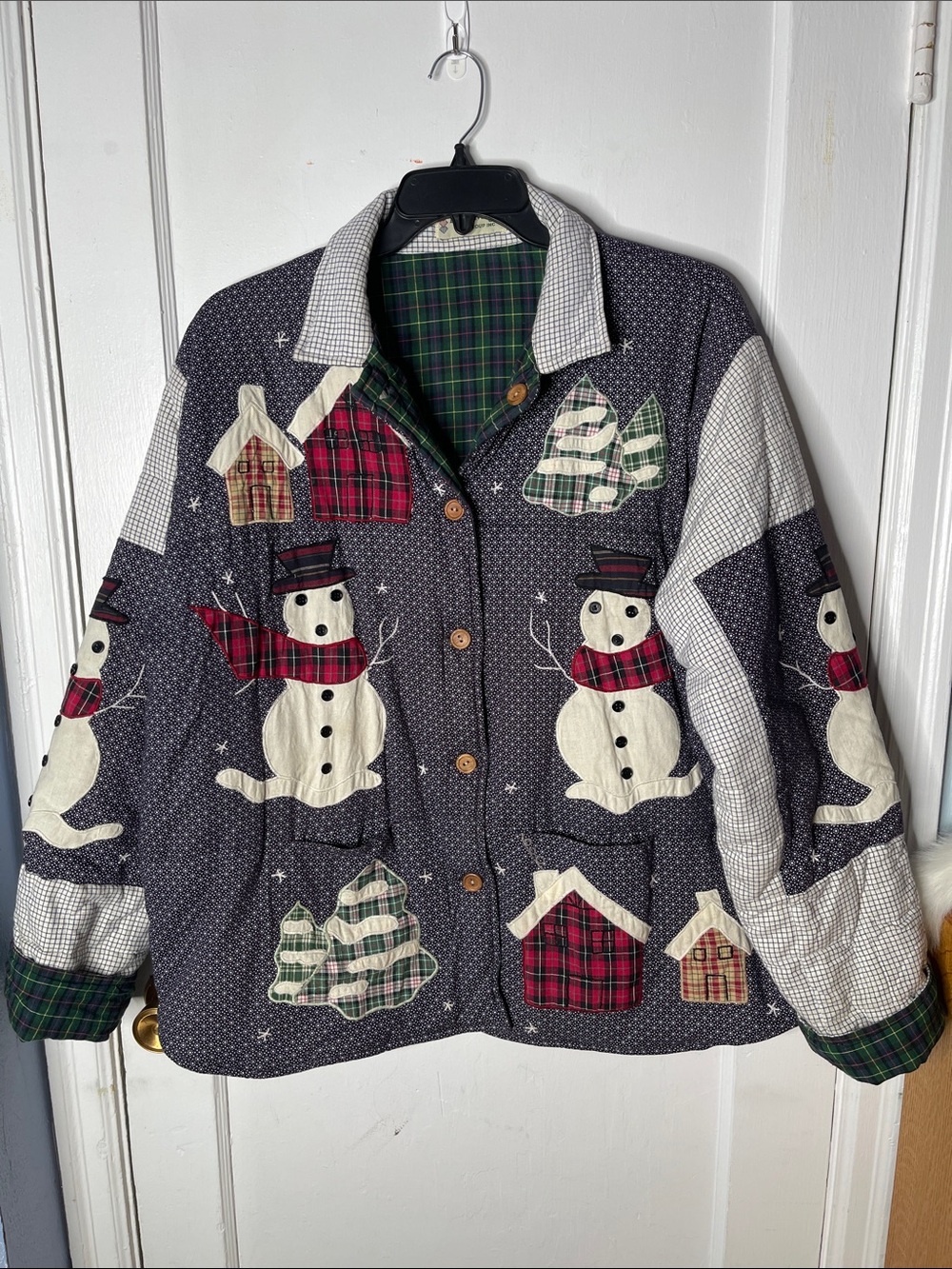 Vtg Patch Magic XL Jacket Quilted Snowmen Applique Reversible Plaid Christmas